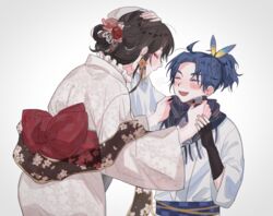  1boy age_difference black_hair blush breasts couple eyeshadow female female_saniwa_(touken_ranbu) hair_rings headpat japanese_clothes kimono large_breasts makeup mature_female miko non-web_source onee-shota saniwa_(touken_ranbu) sidelocks straight taikogane_sadamune touken_ranbu yukata 