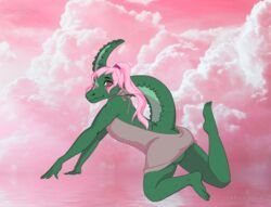  alligator alligatorid anthro ass biped blush brown_eyes claws clothed clothing crocodilian digital_media_(artwork) embarrassed feet green_body hair heterochromia hi_res looking_at_viewer meme meme_clothing mistystar pink_background pink_clothing pink_hair ponytail reptile scalie shaded simple_background sky skyscape smile solo sweater tail toe_claws toes topwear virgin_killer_sweater 