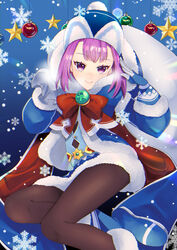  ankh badge beanie blue_background blue_coat blue_dress blue_footwear blue_gloves blue_hat boots bow breasts brown_pantyhose christmas_ornaments closed_mouth coat dress fate/grand_order fate/grand_order_arcade fate_(series) female fur-trimmed_coat fur-trimmed_dress fur_trim gloves hat helena_blavatsky_(christmas)_(fate) helena_blavatsky_(fate) large_bow long_sleeves looking_at_viewer merokonbu0 pantyhose purple_eyes purple_hair red_bow sack short_hair small_breasts smile snowflakes solo 