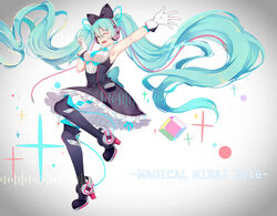  2016 aqua_eyes aqua_hair aqua_necktie armpits ayan bare_shoulders black_bow black_dress black_thighhighs bow breasts cable commentary copyright_name cube dress female framed_breasts frilled_sleeves frills full_body gloves graphic_equalizer hairbow hand_up hatsune_miku headphones high_heels highres leg_up long_hair looking_at_viewer magical_mirai_(vocaloid) magical_mirai_miku magical_mirai_miku_(2016) medium_breasts necktie one_eye_closed open_mouth outstretched_arm short_necktie smile solo symbol-only_commentary thighhighs twintails very_long_hair vignetting vocaloid white_gloves 