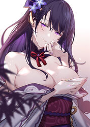  blurry blurry_foreground breasts bright_pupils cleavage cup depth_of_field detached_collar female flower genshin_impact hair_flower hair_ornament hand_to_own_mouth head_tilt japanese_clothes kimono kimono_pull large_breasts long_hair mole mole_under_eye nail_polish obi purple_eyes purple_hair purple_nails raiden_shogun sakazuki sash solo sweat xion32 