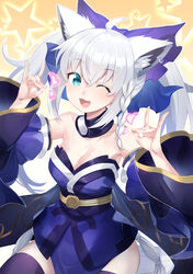  ;3 ;d ahoge alternate_costume animal_ears bare_shoulders black_thighhighs blue_eyes blue_kimono bow braid breasts cleavage collarbone commentary_request cosplay detached_sleeves double_fox_shadow_puppet fate/extra fate_(series) female fox_ears fox_girl fox_shadow_puppet fox_tail hair_between_eyes hair_ribbon hairbow heart highres hololive japanese_clothes kimono long_hair looking_at_viewer matsumoto_tomoyohi oerba_yun_fang one_eye_closed open_mouth pose ribbon shirakami_fubuki side_braid sidelocks smile solo tail tamamo_(fate) tamamo_no_mae_(fate/extra) tamamo_no_mae_(fate/extra)_(cosplay) thighhighs trait_connection twintails virtual_youtuber white_hair zettai_ryouiki 