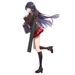  bag black_hair blush breasts female jacket king&#039;s_raid long_hair looking_at_viewer looking_back medium_breasts necktie open_clothes open_jacket plaid plaid_skirt purple_eyes school_bag school_uniform seria_(king&#039;s_raid) shirt skirt solo thighhighs transparent_background weapon_bag white_shirt 