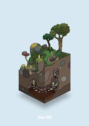  afterimage blue_background commentary diorama gozz highres isometric moss olmec_head original overgrown stairs stepping_stones tree underground 