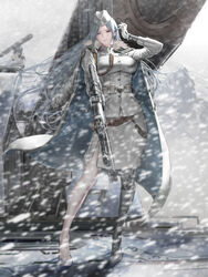  absurdres aiguillette akm assault_rifle cape coat female full_body gloves gun high_heels highres holding holding_weapon kalashnikov_rifle long_hair mechanical_hands mechanical_legs military military_uniform original pale_skin rifle shisshou_senkoku side_slit single_mechanical_hand single_mechanical_leg skirt snow snowing solo standing uniform weapon white_coat white_gloves white_hair white_headwear white_skirt 