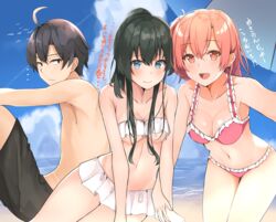  1boy 2girls absurdres ahoge beach beach_umbrella bikini black_hair black_shorts blue_eyes blue_sky breasts cleavage cloud collarbone commentary day frilled_bikini frills hair_bun highres hikigaya_hachiman long_hair looking_at_viewer male_swimwear medium_breasts multiple_girls navel outdoors pink_bikini pink_hair ponytail red_hair shiina_aoi short_hair shorts single_side_bun sky smile swim_trunks swimsuit translated umbrella white_bikini yahari_ore_no_seishun_lovecome_wa_machigatteiru. yuigahama_yui yukinoshita_yukino 