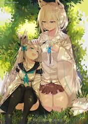  2girls :d absurdres afterimage aged_down animal_ear_fluff animal_ears artist_name azur_lane between_legs black_skirt black_thighhighs blue_neckwear blush bow braid breasts brown_jacket brown_skirt character_name chinese_commentary collarbone commentary_request creator_connection ear_wiggle eye_contact fallen-leaves fox_ears grass green_eyes grey_hair hair_between_eyes hand_between_legs headpat highres hololive jacket kawakaze_(azur_lane) long_hair long_sleeves looking_at_another multiple_girls no_shoes official_alternate_costume on_grass open_mouth parted_lips pleated_skirt ribbon-trimmed_sleeves ribbon_trim seiza shirakami_fubuki shirakami_fubuki_(street) sitting skirt small_breasts smile thighhighs very_long_hair virtual_youtuber white_bow white_jacket wide_sleeves 