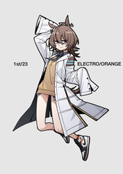  absurdres agnes_tachyon_(umamusume) ahoge alternate_footwear animal_ears black_necktie brown_eyes brown_hair chemical_structure commentary earrings english_commentary english_text female full_body grey_background highres horse_ears horse_girl horse_tail jewelry lab_coat long_sleeves messy_hair necktie neonfloyd no_legwear no_pants shoes short_hair short_necktie simple_background single_earring sleeves_past_fingers sleeves_past_wrists sneakers solo sweater tail umamusume yellow_sweater 