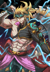  1boy abs absurdres biceps cowboy_shot fate/grand_order fate_(series) fighting_stance headband highres large_pectorals lightning_bolt_symbol looking_at_viewer male_focus muscular muscular_male official_alternate_costume over_shoulder pectorals sakata_kintoki_(fate) sakata_kintoki_(heian_warrior_attire)_(fate) single_bare_shoulder single_sleeve smile solo tsugu0302 weapon weapon_over_shoulder 