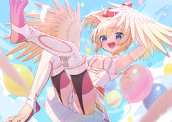  animal_feet balloon bare_shoulders black_thighhighs blonde_hair blue_eyes blush breasts claws clothing_cutout commentary_request dress feathers female flying hair_between_eyes hair_ribbon harpy highres indie_virtual_youtuber leotard mavia_(vtuber) monster_girl navel_cutout pink_ribbon pink_thighhighs pleated_skirt ribbon skirt sky sleeveless small_breasts solo stirrup_legwear talons thighhighs toeless_legwear uchako virtual_youtuber white_dress white_feathers white_leotard white_wings winged_arms wings 