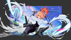  day dual_wielding fanny_(mobile_legends) female green_eyes hair_between_eyes han-0v0 headgear highres holding holding_sword holding_weapon katana long_hair looking_at_viewer mobile_legends:_bang_bang motion_blur original outdoors ponytail red_hair shirt smile solo sword weapon white_shirt wrist_guards 