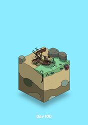  aqua_background beach bird boat boulder commentary diorama fish gozz hermit_crab highres isometric original paddle watercraft 