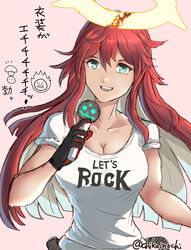  black_gloves blue_eyes breasts broken_halo chikoinochi cleavage clothes_writing commentary_request female gloves guilty_gear guilty_gear_strive guilty_gear_strive_x_tower_records halo highres jack-o&#039;_valentine long_hair medium_breasts microphone multicolored_hair music narrow_waist official_alternate_costume red_gloves red_hair shirt singing sleeves_rolled_up solo spiked_halo t-shirt teeth tower_records translation_request twitter_username two-tone_gloves two-tone_hair upper_body upper_teeth_only white_hair 