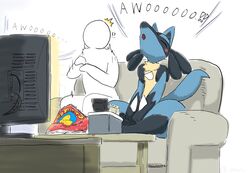  0bon ambiguous_gender anthro awoo closed_eyes duo electronics faceless_character faceless_human furniture generation_4_pokemon howl human lucario mammal nintendo pokemon pokemon_(species) sitting sofa television watching_tv 