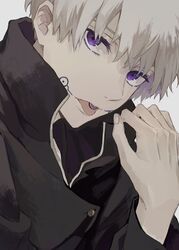  1boy black_jacket facial_tattoo gakuran hair_between_eyes hand_up high_collar highres inumaki_toge jacket jujutsu_kaisen kibatteko_ze long_sleeves looking_at_viewer male_focus purple_eyes school_uniform short_hair simple_background solo tattoo tongue tongue_out tongue_tattoo upper_body white_background white_hair 