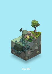  absurdres aqua_background bird boulder commentary diorama fish fishing fishing_rod gozz highres isometric moss original shore sitting tree 