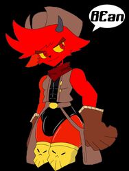  anthro bandana beanbealum boots bulge clothing cowboy_hat demon footwear fur gremile_&#039;hotshot&#039; hat headgear headwear hi_res imp kerchief kings_of_hell leotard male red_body red_eyes red_fur solo yellow_sclera 