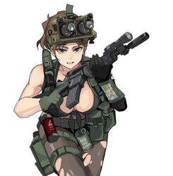  ammunition_pouch assault_rifle bad_id bad_pixiv_id bikini bikini_top_only black_bikini blue_eyes breasts brown_hair brown_pantyhose clenched_teeth colt_commando commentary_request cowboy_shot female flashbang flashlight gloves green_eyes green_gloves gun highres holding holding_gun holding_weapon holster knife korean_commentary korean_text large_breasts load_bearing_equipment looking_ahead metal_gear_(series) metal_gear_solid_v:_the_phantom_pain mole mole_on_breast muzzle_device night_vision_device open_mouth pantyhose pouch quiet_(metal_gear) rifle sanpaku simple_background smoke_grenade solo swimsuit teeth thigh_holster torn_clothes torn_pantyhose wani_(perfect_han) weapon white_background 