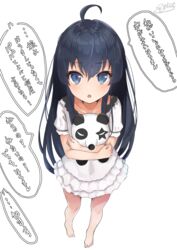  :o ahoge bare_legs barefoot black_hair blue_eyes blush collarbone commentary dress female highres holding long_hair looking_at_viewer shiina_aoi simple_background solo stuffed_animal stuffed_panda stuffed_toy translated white_background white_dress yahari_ore_no_seishun_lovecome_wa_machigatteiru. yukinoshita_yukino 