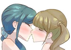  2girls blue_hair blush closed_eyes healin&#039;_good_precure hiramitsu_hinata imminent_kiss indirect_kiss light_brown_hair mosuchaka multiple_girls precure sawaizumi_chiyu scrunchie side_ponytail simple_background upper_body white_background yuri 