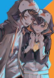  1boy 9_zhi_3 :d animal_hood black_hair black_hoodie blue_eyes blush borrowed_clothes chinese_commentary female highres hood hood_up hoodie looking_at_viewer multicolored_hair nijisanji nijisanji_en one_eye_closed open_mouth orange_hair penguin_hood petra_gurin petra_gurin_(1st_costume) pink_hair shirt shu_yamino skirt smile straight streaked_hair two-tone_hoodie virtual_youtuber white_hoodie white_shirt white_skirt 