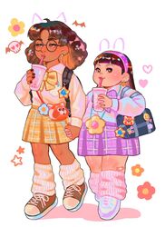  2girls abby_(turning_red) bandaid bandaid_on_leg black_hair blunt_bangs bow bubble_tea dark-skinned_female dark_skin drawn_ears drink drinking_straw drinking_straw_in_mouth earrings flower full_body glasses heart heart_earrings highres holding holding_drink holding_hands jewelry leg_warmers matching_outfits meilin_lee_(red_panda) multiple_girls plaid plaid_skirt priya_(turning_red) pupe_(sennbee1027) shoes skirt skull sneakers star_(symbol) turning_red 