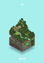  absurdres aqua_background cave commentary creature day diorama forest gozz highres hill isometric nature no_humans original river sun tree 