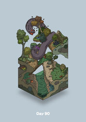  absurdres biting blue_background commentary crawling creature diorama gozz highres isometric looking_back monster original plant purple_eyes red_eyes river shouting tree tree_stump 