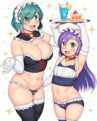  2girls aqua_hair arm_above_head arm_up armpits bell black_legwear blush breasts cake cleavage collar commentary_request cup drinking_glass drinking_straw elbow_gloves food fruit gloves green_eyes hair_between_eyes highres long_hair looking_at_viewer maid medium_breasts medium_hair multiple_girls navel neck_bell orange_(fruit) orange_slice original orizen plate purple_hair red_collar simple_background small_breasts sparkle_background strawberry thighhighs tray white_background white_gloves 