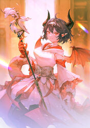  ahoge black_hair breasts brooch collar commentary dragon_girl dragon_horns dragon_tail dragon_wings dress english_commentary feet_out_of_frame female final_fantasy final_fantasy_xiv granblue_fantasy grea_(shingeki_no_bahamut) grin hair_between_eyes horns jewelry lens_flare long_dress long_sleeves looking_at_viewer medium_breasts mixed-language_commentary pointy_ears red_eyes shingeki_no_bahamut short_hair smile solo staff tail tiara tsurime vienri warrior_of_light_(ff14) white_mage_(final_fantasy) wide_sleeves wings 