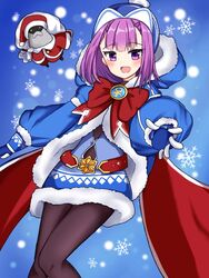  ankh badge beanie blue_coat blue_dress blue_gloves blue_hat blush bow breasts coat colonel_olcott_(fate) dress fate/grand_order fate/grand_order_arcade fate_(series) female fur-trimmed_coat fur-trimmed_dress fur_trim gloves hat helena_blavatsky_(christmas)_(fate) helena_blavatsky_(fate) large_bow long_sleeves looking_at_viewer open_mouth outstretched_arm pantyhose purple_eyes purple_hair rabiiandrain red_bow sack short_hair small_breasts smile snowflakes solo thighs 