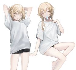  alternate_costume arms_up bad_id bad_twitter_id black_shorts blonde_hair breasts commentary female food genshin_impact hair_between_eyes invisible_chair legs looking_at_viewer lumine_(genshin_impact) mouth_hold multiple_views parted_lips popsicle shirt short_hair_with_long_locks short_shorts short_sleeves shorts simple_background sitting sweat symbol-only_commentary t-shirt umenoume white_background white_shirt yellow_eyes 