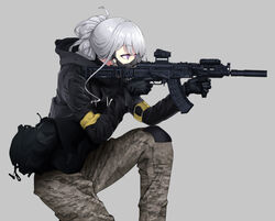  ak-12 ak-12_(girls&#039;_frontline) alternate_costume assault_rifle bad_id bad_pixiv_id black_gloves black_jacket camouflage camouflage_pants feet_out_of_frame female girls&#039;_frontline gloves grey_background grey_hair gun highres holding holding_gun holding_weapon hood hood_down hooded_jacket jacket kalashnikov_rifle long_hair long_sleeves looking_away mask nakiusagi on_one_knee pants purple_eyes rifle solo tactical_clothes unusually_open_eyes weapon 