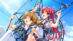  2girls :d ahoge blue_shirt blue_sky blush braid brown_hair chidori_minamo collared_shirt day dutch_angle floating_hair game_cg green_neckerchief high_ponytail long_hair midriff misaki_kurehito miyamae_tomoka multiple_girls neckerchief one_eye_closed open_mouth orange_eyes outdoors paraglider red_hair red_shorts sailor_collar sailor_shirt school_uniform serafuku shirt short_shorts short_sleeves shorts sky smile smile_cubic! stomach t-shirt tied_hair twin_braids very_long_hair white_legwear white_sailor_collar white_shirt yellow_eyes 