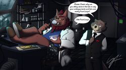  2020 anthro benson_(password) bottomwear butler clothing detailed_background duo english_text eyewear glasses humanoid_hands male mammal mustelid necktie noatek nyzcait oswin_(password) otter pants password_(visual_novel) shirt sitting slightly_chubby suid suina sus_(pig) text topwear underwear wild_boar 