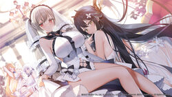  4girls absurdly_long_hair ass azur_lane bent_over black_choker black_hair black_panties black_sailor_collar blonde_hair blue_eyes blue_flower blue_gemstone blue_rose breasts center_opening chandelier choker cleavage clothing_cutout cup dress dress_flower elbow_gloves feather_dress flower formidable_(azur_lane) formidable_(timeless_classics)_(azur_lane) gem gloves gold_trim green_eyes grey_hair hair_flower hair_on_horn hair_ornament head_wreath holding holding_cup horns huge_breasts illustrious_(azur_lane) indomitable_(azur_lane) indoors kurot large_breasts laurel_crown long_hair looking_at_viewer looking_back mole mole_under_eye multiple_girls navel_cutout official_alternate_costume official_art panties red_eyes rose sailor_collar see-through see-through_dress showgirl_skirt sitting sleeveless sleeveless_dress strapless strapless_dress teacup twintails two-tone_dress two-tone_ribbon underwear very_long_hair victorious_(azur_lane) white_dress white_flower white_gloves white_hair 