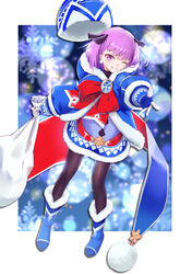  absurdres ankh badge beanie black_pantyhose blue_coat blue_dress blue_footwear blue_gloves blue_hat blurry blurry_background boots bow breasts coat dress earrings fate/grand_order fate/grand_order_arcade fate_(series) female full_body fur-trimmed_coat fur-trimmed_dress fur_trim gloves grin hat helena_blavatsky_(christmas)_(fate) helena_blavatsky_(fate) highres jewelry large_bow long_sleeves looking_at_viewer one_eye_closed oniku_(pixiv_28205308) outstretched_arm pantyhose purple_eyes purple_hair red_bow sack short_hair small_breasts smile snowflakes solo unworn_headwear 