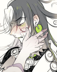  1boy abe_no_seimei_(fate) ashiya_douman_(fate) asymmetrical_hair bell black_eyes black_hair blush crying crying_with_eyes_open curly_hair earrings eyeshadow fate/grand_order fate_(series) from_side green_eyeshadow green_lips hair_bell hair_between_eyes hair_intakes hair_ornament highres jewelry lipstick long_hair magatama magatama_earrings makeup male_focus multicolored_hair paruma_umu portrait solo_focus split-color_hair spot_color tears two-tone_hair upper_body white_hair wiping_tears 