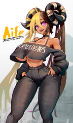  ahoge aife_(zana) bikini_tan black_choker black_horns blonde_hair borrowed_character breasts brown_hair choker clothes_writing commentary crop_top crop_top_overhang english_commentary female fuck-me_shirt goat_horns gyaru hair_on_horn hands_on_own_hips high-waist_pants highres hiragana_oufu horns kogal long_hair meme_attire multicolored_hair nail_polish narrow_waist navel off_shoulder original pants pink_eyes pink_nails sharp_teeth solo spaghetti_strap split-color_hair standing tan tanlines teeth thick_thighs thighs twintails two-tone_hair underboob very_long_hair 