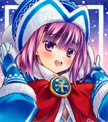  ankh badge beanie blue_coat blue_dress blue_gloves blue_hat blush bow breasts coat dress fate/grand_order fate/grand_order_arcade fate_(series) female fur-trimmed_coat fur_trim gloves hat helena_blavatsky_(christmas)_(fate) helena_blavatsky_(fate) large_bow long_sleeves looking_at_viewer open_mouth purple_eyes purple_hair red_bow short_hair small_breasts smile solo yuto_takumi 