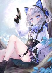  animal_ear_headphones animal_ears bazo_(vestia_zeta) black_choker black_gloves black_skirt blue_bow blue_eyes blue_nails bow bowtie breasts cat_ear_headphones cat_o-ring choker collared_shirt fake_animal_ears female fingerless_gloves gloves grey_hair gun headphones high-waist_skirt highres holding holding_gun holding_weapon hololive hololive_indonesia looking_at_viewer medium_hair megts0331 nail_polish o-ring o-ring_thigh_strap shirt short_hair skirt small_breasts solo suspender_skirt suspenders thigh_strap vestia_zeta vestia_zeta_(jirai_kei) virtual_youtuber weapon white_shirt 