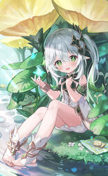  arama_(genshin_impact) aranara_(genshin_impact) artist_name bare_shoulders blush bracelet bug butterfly cross-shaped_pupils dot_nose female genshin_impact gold_trim gradient_hair green_eyes green_hair hair_between_eyes hair_ornament highres jewelry leaf_hair_ornament long_hair looking_at_viewer meibi_1 multicolored_hair nahida_(genshin_impact) plant side_ponytail sleeveless smile symbol-shaped_pupils toeless_footwear white_footwear white_hair 