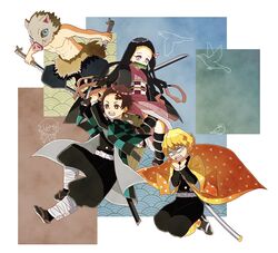  4boys agatsuma_zenitsu asa_no_ha_(pattern) bamboo belt bird bit_gag black_hair black_pants blonde_hair boar_mask brown_eyes brown_hair burn_scar checkered_clothes checkered_haori checkered_jacket checkered_sash chuntarou_(kimetsu_no_yaiba) crow demon_slayer_uniform dongurimaru_(kimetsu_no_yaiba) earrings female gag hanafuda haori hashibira_inosuke highres holding holding_sword holding_weapon jacket japanese_clothes jewelry kamado_nezuko kamado_tanjirou katana kimetsu_no_yaiba kimono multiple_boys obi open_mouth pants pink_eyes pink_kimono print_jacket print_kimono sandals sash scar scar_on_face scar_on_forehead sparrow sword tears tennouji_matsuemon tomioka_giyuu triangle_print weapon white_belt yuzuponzu 