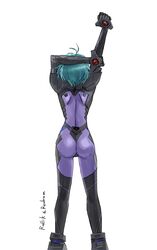  artist_name ass black_gloves blue_hair bodysuit female fortified_suit from_behind gloves highres jun_(rellik_&amp;_redrum) muv-luv muv-luv_alternative pilot_suit purple_bodysuit short_hair skin_tight solo stretching white_background yoroi_mikoto 