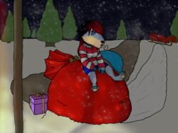  4:3 4_toes anthro bag bent_arm black_hair blue_eyes box canid canine christmas clothed clothing container detailed_background extended_arm feet female forest forest_background fox fully_clothed fur gift gift_box grey_body grey_fur hair hand_between_legs hand_on_lap hand_on_leg hand_on_own_leg hand_on_own_thigh hand_on_thigh holding_leg holding_thigh holidays jewelry long_hair looking_down mammal mrnatmax nature nature_background necklace night on_container outside pattern_clothing pattern_sweater pattern_topwear pawpads plant red_hair sack sighing sitting sitting_on sitting_on_container sleigh snow snowing solo spread_legs spreading striped_clothing striped_sweater striped_topwear stripes sweater tired tired_eyes toes topwear tree 