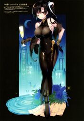  absurdres alcohol bare_shoulders black_dress black_footwear black_gloves black_hair blush bow bracelet breasts bug butterfly champagne_flute closed_mouth covered_collarbone covered_navel crescent_moon cup dress drinking_glass female flower full_body gakkou_de_seishun! gloves hairbow hand_on_own_hip highres holding jewelry kamino_saori large_breasts lips long_hair looking_at_viewer moon night night_sky non-web_source one_eye_closed pantyhose red_eyes sanshoku_amido scan shiny_clothes side_ponytail simple_background sky sleeveless sleeveless_dress smile solo sparkle star_(sky) starry_sky tied_hair water 