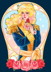  androgynous blonde_hair blue_eyes epaulettes female flower highres holding holding_flower long_hair long_sleeves military military_uniform oscar_francois_de_jarjayes pupe_(sennbee1027) retro_artstyle rose solo sparkle uniform upper_body versailles_no_bara 