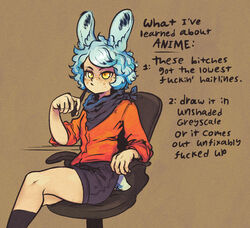  animal_ears bandana bestfriendforever black_bandana black_shorts black_socks blue_hair chair commentary educational english_commentary english_text female highres light_blue_hair office_chair on_chair orange_shirt original pen rabbit_ears rabbit_girl rabbit_tail shirt short_hair short_shorts shorts sitting skirt socks solo swivel_chair tail thinking wavy_hair yellow_eyes 