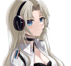  absurdres azur_lane black_bra black_choker blonde_hair blue_eyes blush bra breasts choker cleavage closed_mouth collarbone female headphones headset highres kronshtadt_(azur_lane) kronshtadt_(begin_the_rush!)_(azur_lane) large_breasts long_hair looking_at_viewer official_alternate_costume open_clothes open_shirt shirt slqnsdl smile solo underwear upper_body white_background white_shirt 