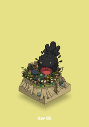  absurdres broken_horn commentary creature diorama gozz highres horns isometric leaf log nest no_humans open_mouth original yellow_background 